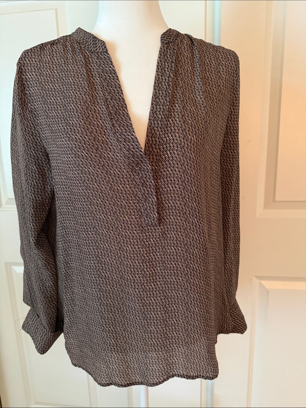 Vince Brown Textured Silk V-Neck Blouse